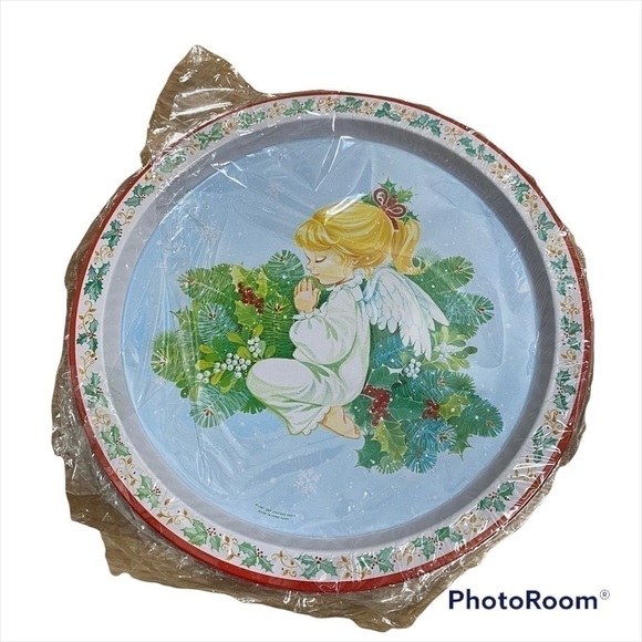 Vintage Metal Angel Print Christmas Serving Tray Circle NEW Cookie 1987 - Picture 2 of 6